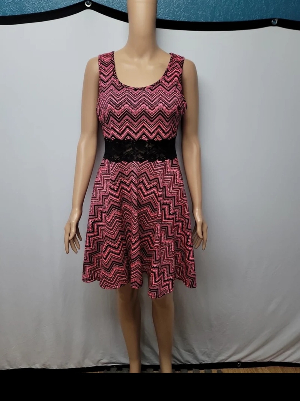 Daisy Pink Chevron Sleeveless Midi Dress with Black Lace Waist